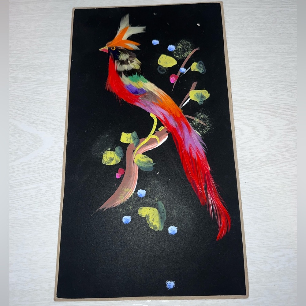 Vintage Hand Painted Mexican Bird Feather Artwork